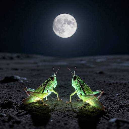Luminous Grasshoppers on Moonlit Landscape