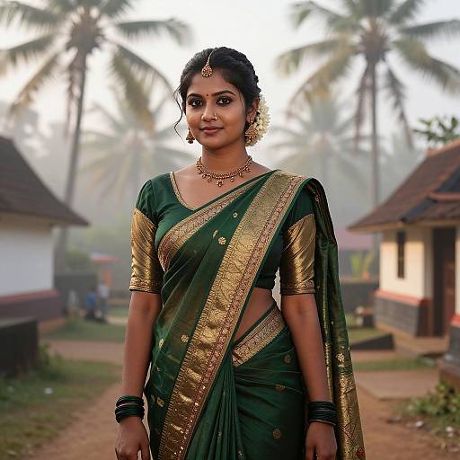 Photograph of a young Indian woman with dark skin, wearing a green and gold sari, gold jewelry, and black bangles, standing in a