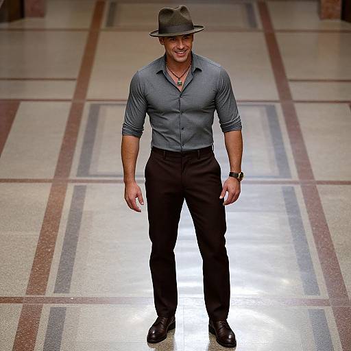 Photograph of a muscular man with tanned skin, wearing a gray fedora, blue button-up shirt, black pants, and black shoes, smiling