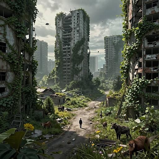 Photograph-like digital artwork of a ruined, overgrown urban alley with tall, ivy-covered, abandoned apartment buildings, a lone figure, and wild