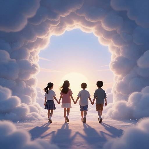Digital illustration of four children holding hands, walking towards a bright, circular sky opening surrounded by fluffy clouds. Silhouetted against the glowing light,