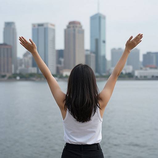 Woman Embracing Cityscape by Water