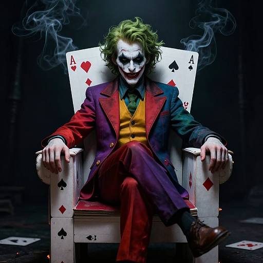 Photorealistic digital art of Joker with green hair, white face paint, red-black suit, sitting on playing card chair, surrounded by smoke.