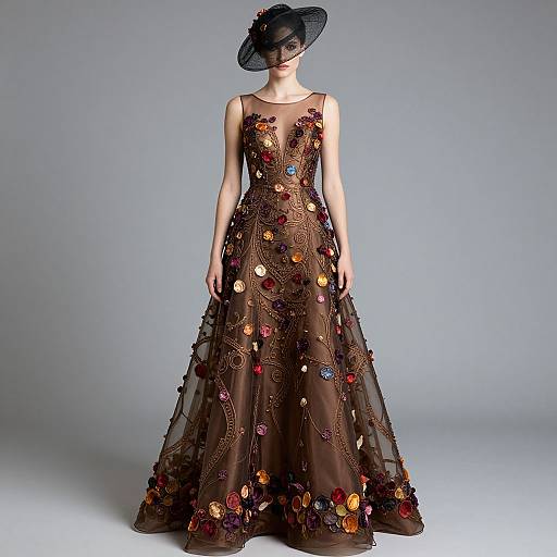 Photograph of a slender woman in a brown, sleeveless, full-length gown adorned with colorful floral appliqués, wearing a black, wide-br