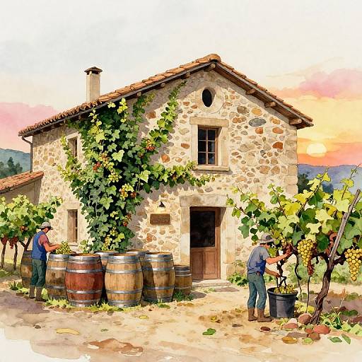 Digital painting of a rustic stone vineyard house with two men harvesting grapes, wooden barrels, and a sunset sky.