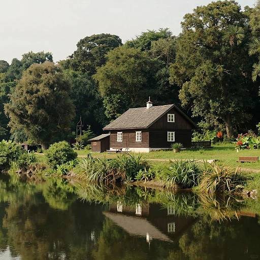 Photograph of a dark wooden cottage with white-trimmed windows, nestled among lush green trees, reflected in a calm river in front. Bright daylight