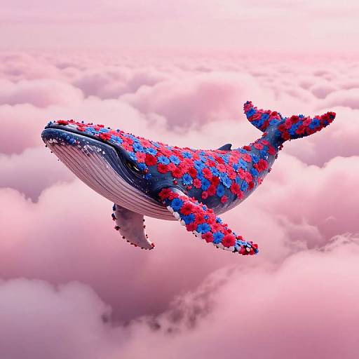 Surreal Floral Whale in Pink Clouds