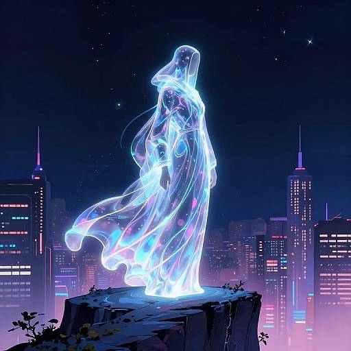 Digital art of a glowing, neon-blue, ethereal woman with flowing hair standing on a cliff, surrounded by a vibrant, futuristic city skyline at night