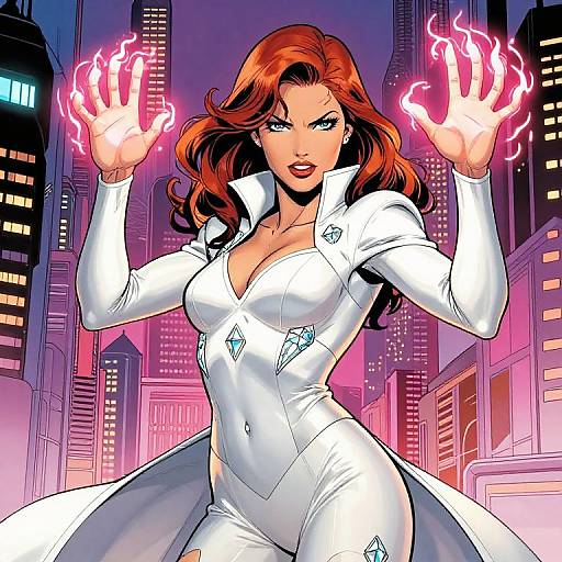 Comic-style illustration of a red-haired woman in a tight white suit, hands glowing with pink energy, standing in a neon-lit cityscape.