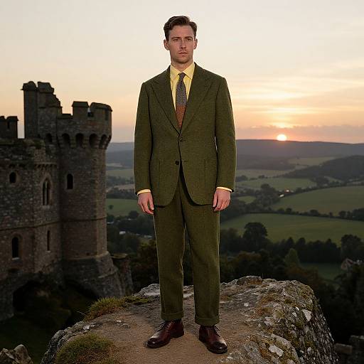 Photograph of a man in a dark green suit, yellow shirt, and brown tie, standing on a rocky castle ledge at sunset, with a medieval