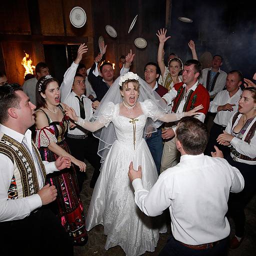 Photograph of a lively wedding celebration with the bride in a white lace dress, surrounded by guests in traditional Bavarian attire, raising plates and cheering in