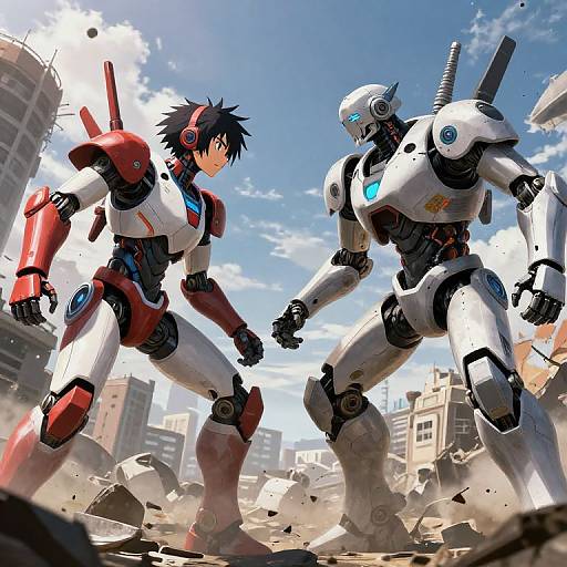 Digital anime-style artwork of two robotic humanoid characters in a dynamic battle amidst a cityscape with crumbling buildings and a bright blue sky.