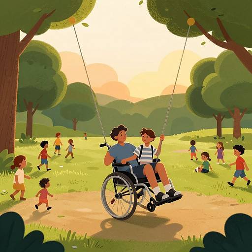 Digital illustration of a park at sunset, featuring a boy pushing a wheelchair-bound boy on a swing, surrounded by playful children.