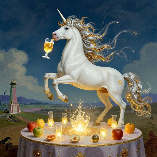 Digital painting of a white, magical unicorn with flowing golden mane, holding a wine glass, leaping over a glowing cauldron with fruits and candles