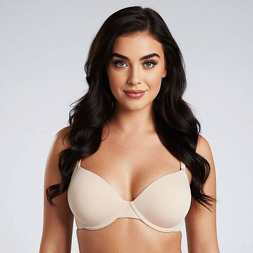 Photograph of a young woman with long black hair, fair skin, and blue eyes, wearing a cream-colored, underwire bra, smiling softly against