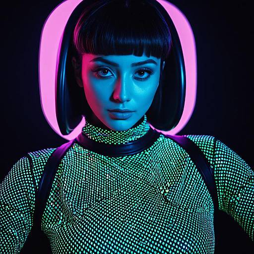 Futuristic Androgynous Model in Neon Mesh Bodysuit