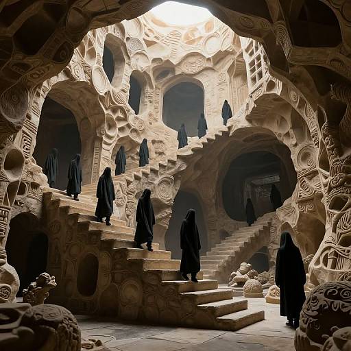 Surreal Cloaked Figures on Stone Stairs
