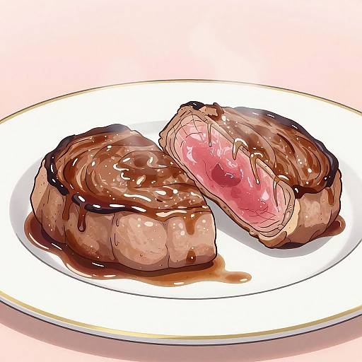Digital illustration of a juicy, medium-rare steak with a pink center, glazed in brown sauce, on a white plate.