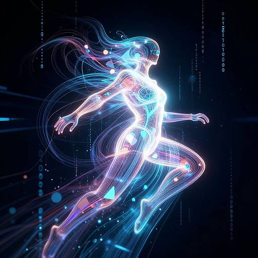 Digital art of a glowing, neon blue and white female figure in mid-jump against a dark, starry background with glowing lines and dots. Fut