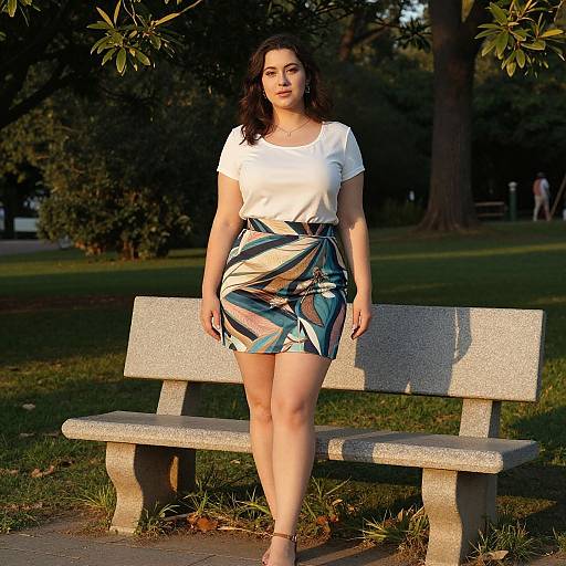 Photograph of a curvy woman with dark hair, wearing a white top and colorful geometric skirt, standing on a park bench in sunlight, with trees