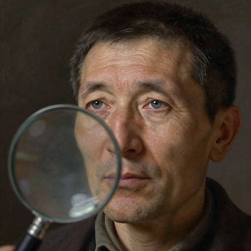 Photograph of a middle-aged man with short, dark hair, pale skin, and blue eyes, holding a magnifying glass in front of his face