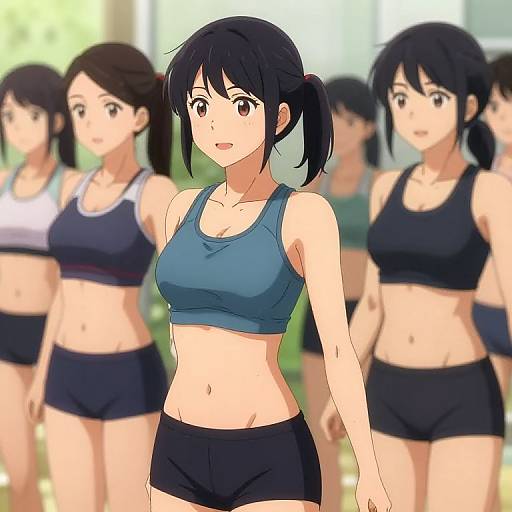 Digital anime-style drawing of four fit women with black hair, wearing sports bras and black shorts, standing in a blurred gym background.