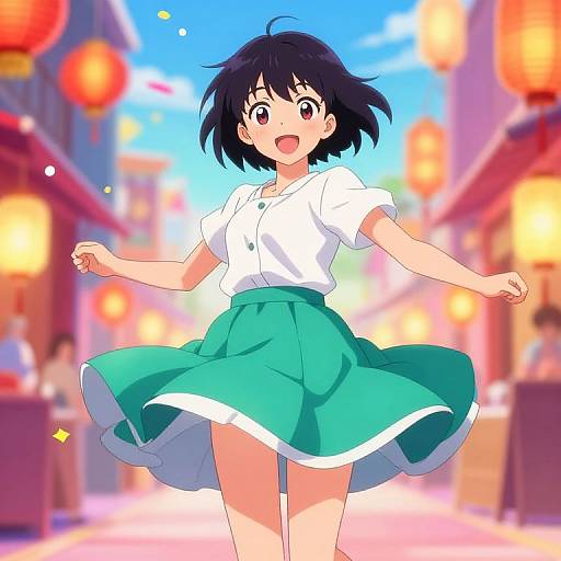 Anime-style digital illustration of a cheerful, short-haired girl in a white blouse and green skirt, dancing in a vibrant, lantern-lit street.