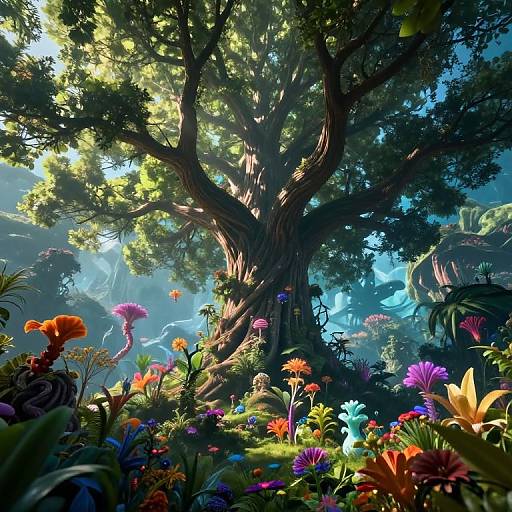 Fantastical digital art of a vibrant forest with a massive, ancient tree at center, surrounded by colorful, glowing flowers and lush greenery, bath