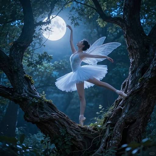 A glowing fairy ballet dancer in a white tutu and translucent wings stands on a tree branch under a full moon in a mystical, moonlit forest.