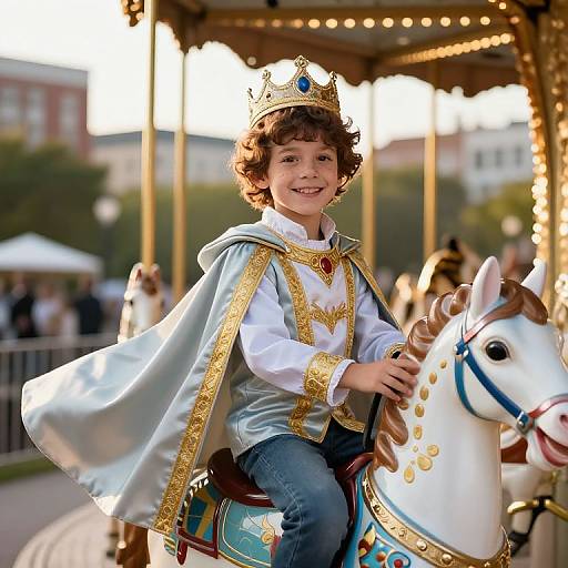Cheerful Boy in Royal Costume on Carousel