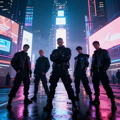 Photograph of five men in black leather jackets standing confidently in a neon-lit, rainy urban street, flanked by glowing billboards.