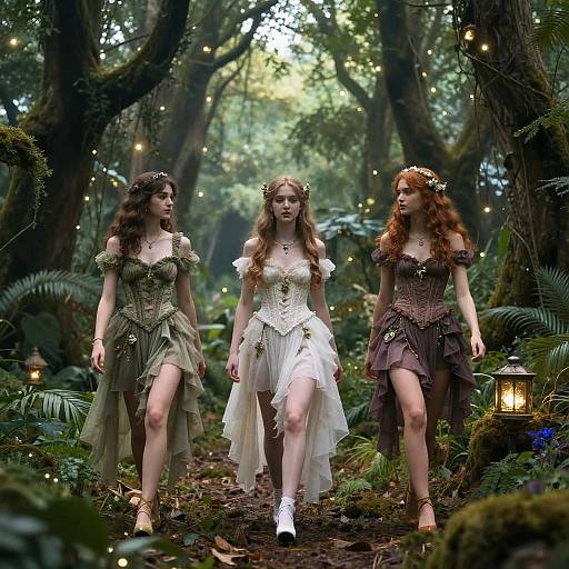 Photograph of three fairies in a mystical forest, wearing intricate, nature-inspired dresses; one in green, white, and brown, with glowing lantern