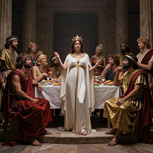Photograph of a regal woman in a white gown and gold crown, standing amid a group of ancient Roman-style men in red and gold robes,