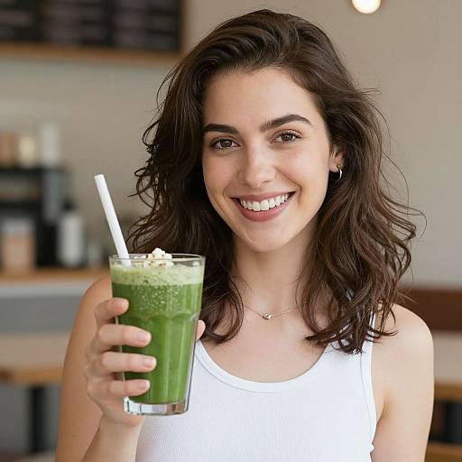 Photograph of a smiling young woman with wavy dark brown hair, wearing a white tank top, holding a green smoothie with a white straw in