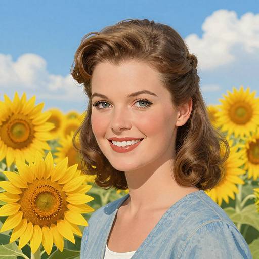 Photograph of a smiling young woman with wavy brown hair, fair skin, blue eyes, wearing a light blue cardigan, standing in a sun