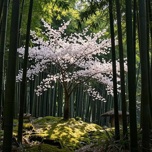 Photograph of a serene forest with tall, dark bamboo stalks, a bright white cherry blossom tree, and sunlit moss-covered ground.