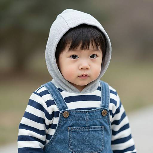 Photograph of a young Asian boy with black hair, wearing a gray hoodie, black-and-white striped shirt, and blue denim overalls, standing outdoors