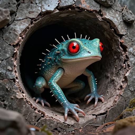 Photorealistic CGI of a vibrant blue, spiky-backed, red-eyed frog emerging from a dark, cracked tree hollow. The frog's intense gaze