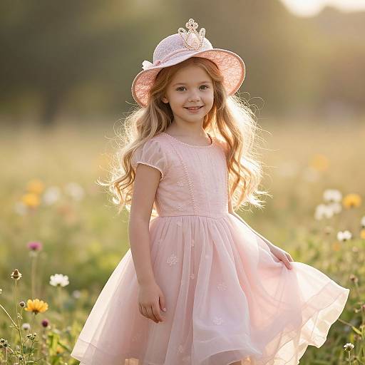 Joyful Girl in Pink Dress Meadow