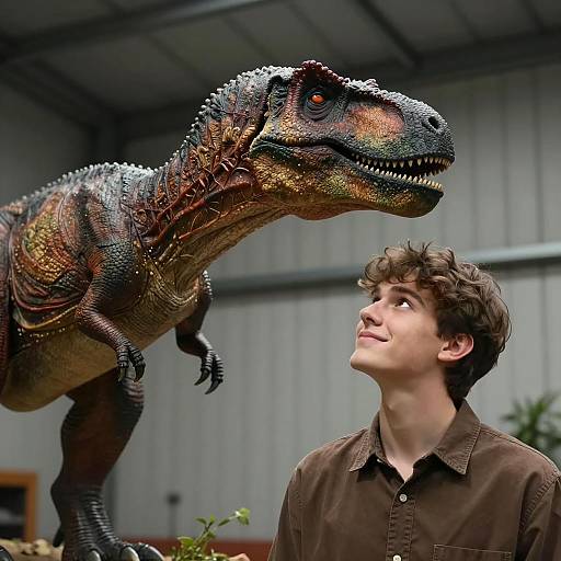 Young Man and Dinosaur Model Indoors
