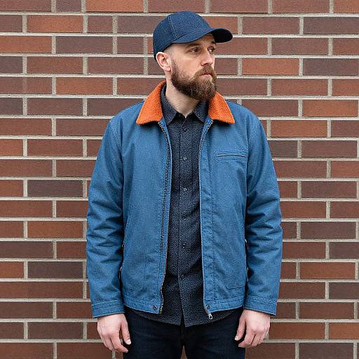 Photograph of a bearded man with a dark cap, blue denim jacket with orange lining, black shirt, standing against a brick wall.