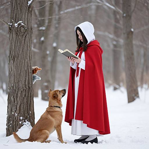 Photograph of a woman in a red cloak and white dress, reading a book to a sitting golden retriever in a snowy forest.