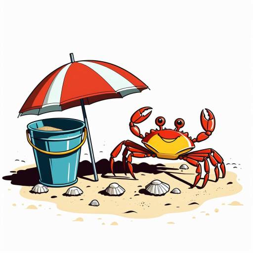 Cheerful Crab at Beach with Umbrella and Bucket