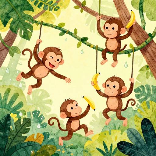 Cartoon illustration of four playful monkeys swinging from vines in a vibrant, lush jungle with large leaves and bright sunlight.