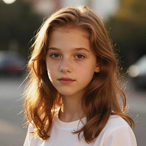 Photograph of a young Caucasian girl with fair skin, light brown wavy hair, and blue eyes, wearing a white shirt, illuminated by sunlight in