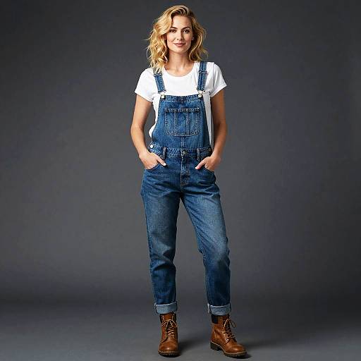 Photograph of a blonde woman with wavy hair, wearing blue denim overalls, white t-shirt, and brown boots, standing against a dark gray