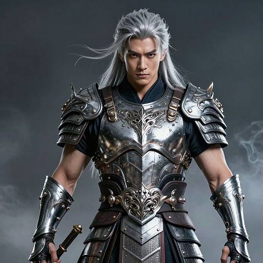 Digital artwork of a muscular, silver-haired warrior with intense gaze, wearing ornate, silver armor, holding a sword, against a dark, cloudy background