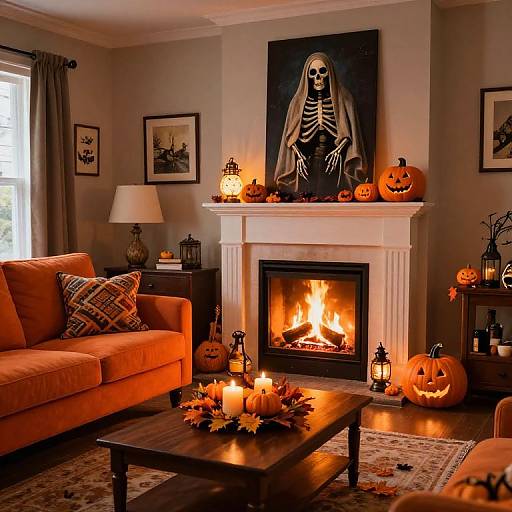 Cozy Halloween-themed living room with orange sofa, lit fireplace, pumpkin decorations, skeleton painting, and warm orange lighting. Photograph.