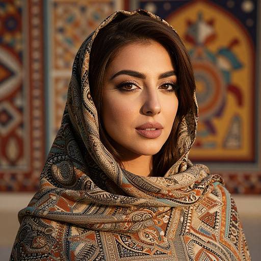 Photograph of a beautiful woman with olive skin, dark brown hair, and full lips, wearing an ornate, patterned shawl, against a