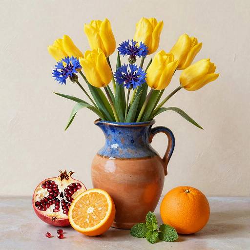 Terracotta Jug with Tulips and Fruit